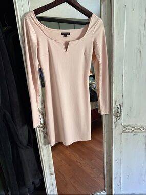 Material Girl Blush Ribbed Long Sleeve Scoop-Notch Mini Dress